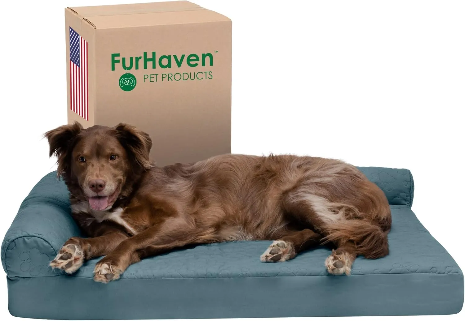 Furhaven Memory Foam Dog Bed for Large Dogs w/ Removable Bolsters & Washable Cover, For Dogs Up to 95 lbs - Pinsonic Quilted Paw L Shaped Chaise - Bluestone, Jumbo/XL