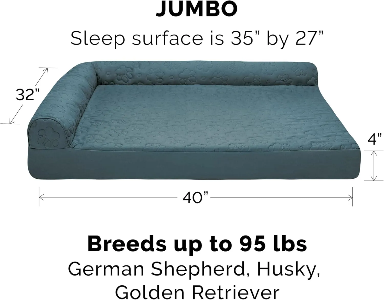 Furhaven Memory Foam Dog Bed for Large Dogs w/ Removable Bolsters & Washable Cover, For Dogs Up to 95 lbs - Pinsonic Quilted Paw L Shaped Chaise - Bluestone, Jumbo/XL