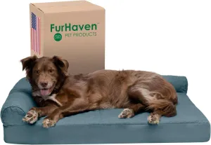 Furhaven Memory Foam Dog Bed for Large Dogs w/ Removable Bolsters & Washable Cover, For Dogs Up to 95 lbs - Pinsonic Quilted Paw L Shaped Chaise - Bluestone, Jumbo/XL