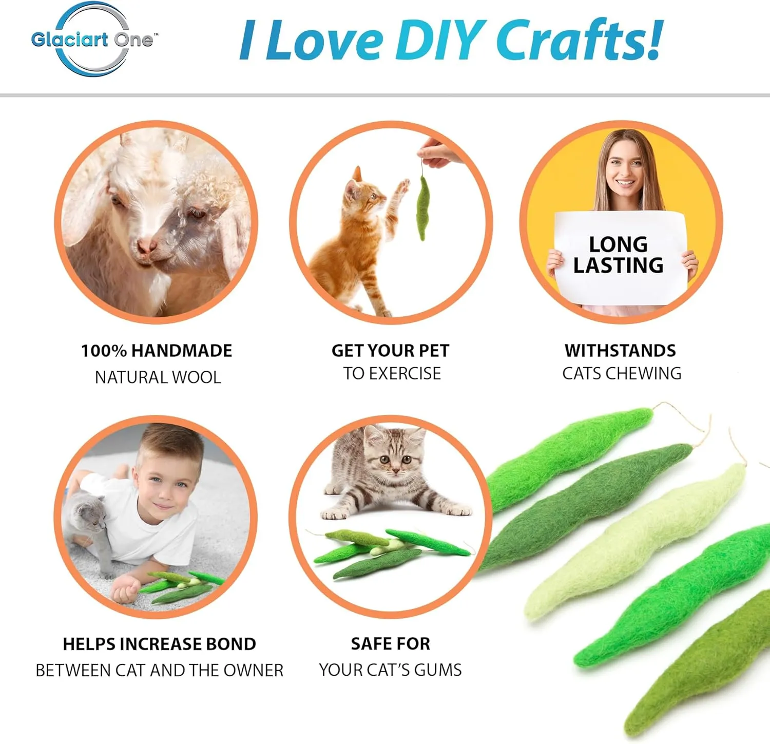 Glaciart One Green Beans Cat Toy  5 Pcs | Soft Fuzzy Enrichment 100% Natural Wool - Interactive Catnip Play Cat Toy Set - Safe for Pets, Non-AZO Colored Dyes