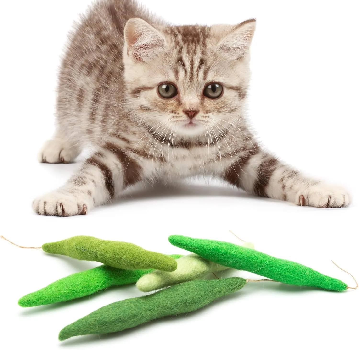 Glaciart One Green Beans Cat Toy  5 Pcs | Soft Fuzzy Enrichment 100% Natural Wool - Interactive Catnip Play Cat Toy Set - Safe for Pets, Non-AZO Colored Dyes
