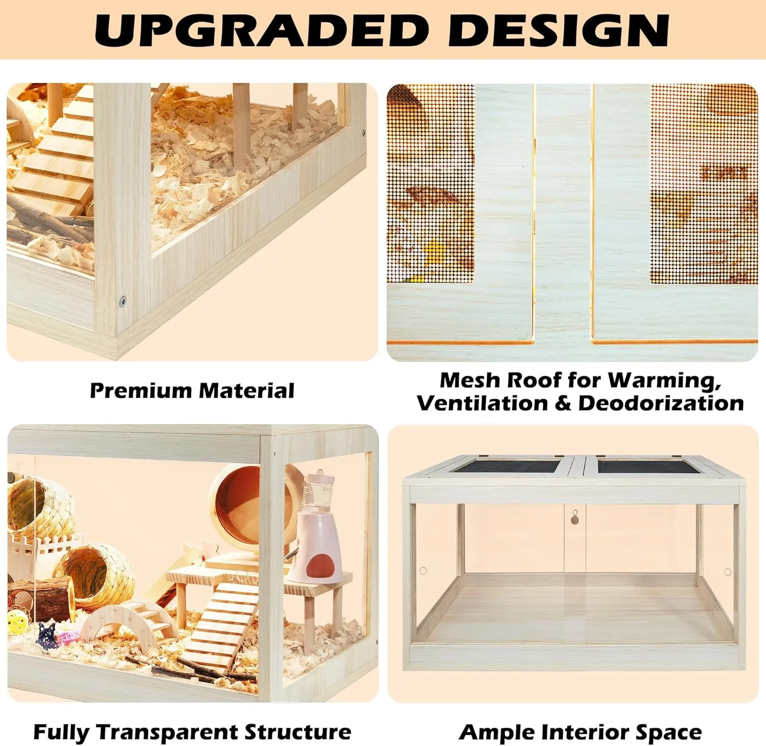 Hamster Cage Wooden Chewproof, Mouse Cage, Large Hamster Cage, Openable Roof with Sliding Doors and Lock, Wooden Cage for Hamster, Gerbil, Mouse, 24