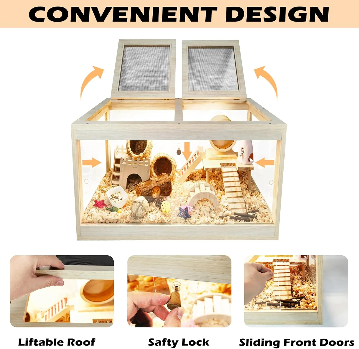 Hamster Cage Wooden Chewproof, Mouse Cage, Large Hamster Cage, Openable Roof with Sliding Doors and Lock, Wooden Cage for Hamster, Gerbil, Mouse, 24