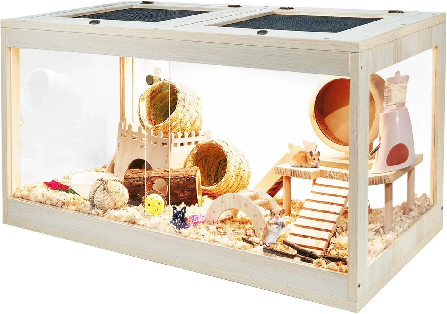 Hamster Cage Wooden Chewproof, Mouse Cage, Large Hamster Cage, Openable Roof with Sliding Doors and Lock, Wooden Cage for Hamster, Gerbil, Mouse, 24