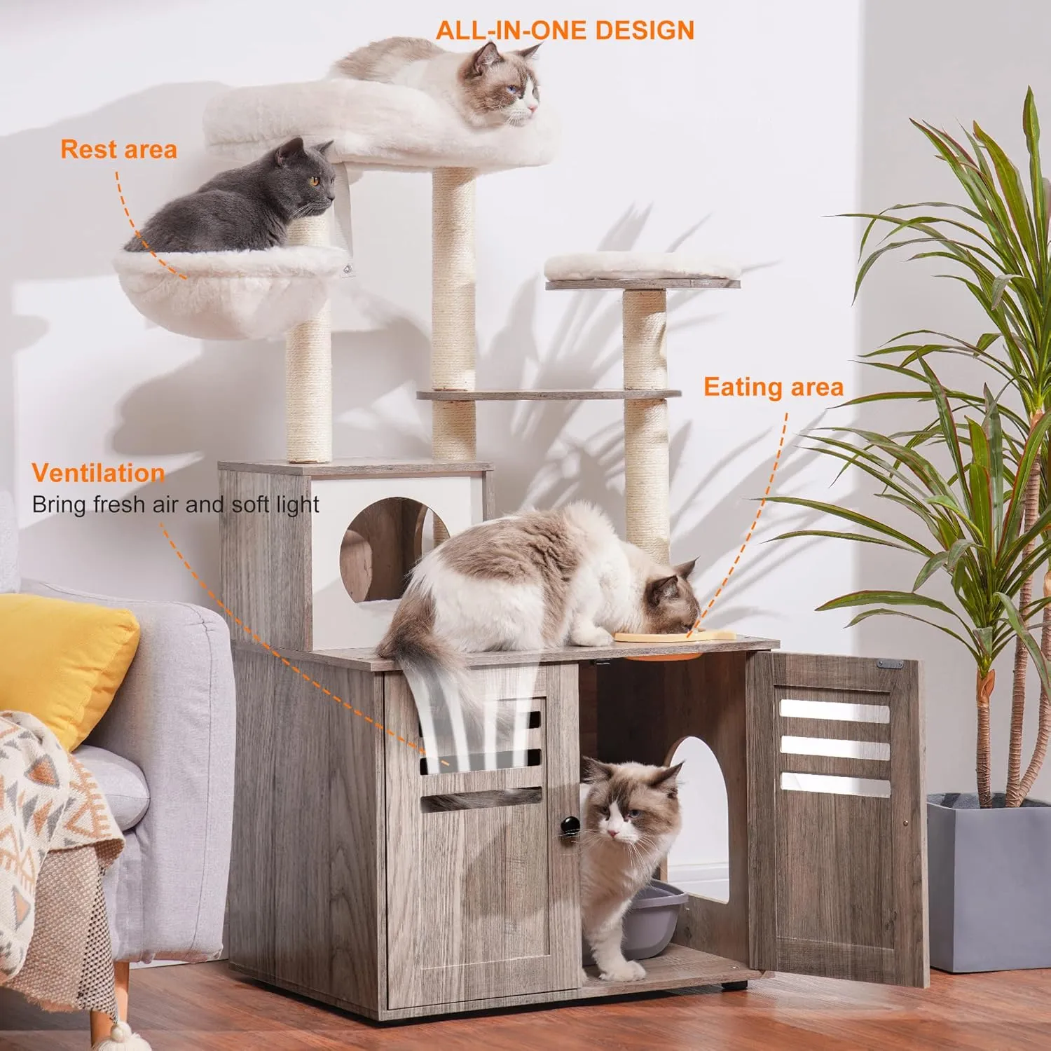 Heybly Cat Tree, Wood Litter Box Enclosure with Food Station, All-in-one Indoor Cat Furniture with Large Platform and Condo, Modern Style Cat Tower, Hammock, Rustic Gray HCT100SG