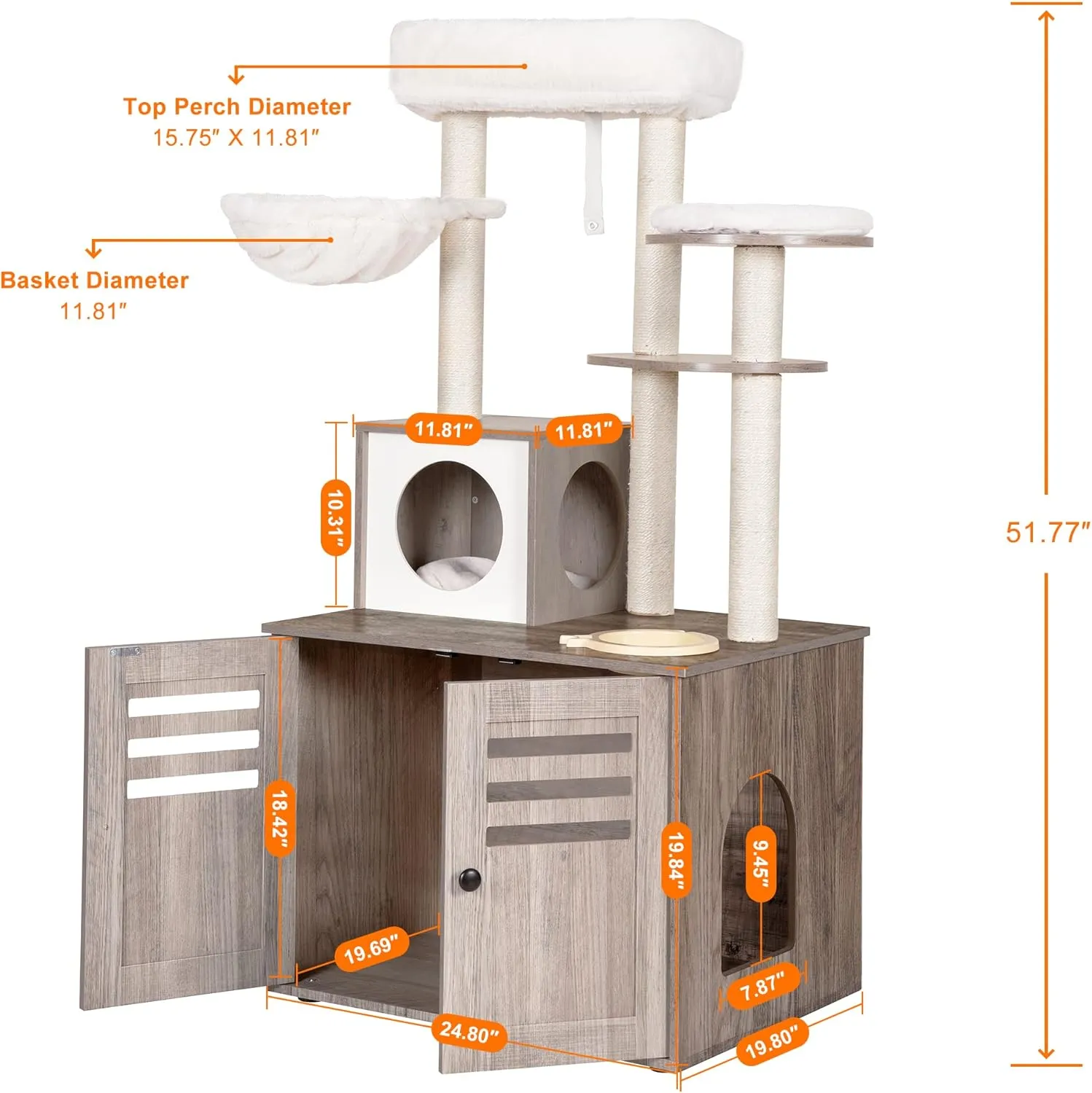 Heybly Cat Tree, Wood Litter Box Enclosure with Food Station, All-in-one Indoor Cat Furniture with Large Platform and Condo, Modern Style Cat Tower, Hammock, Rustic Gray HCT100SG