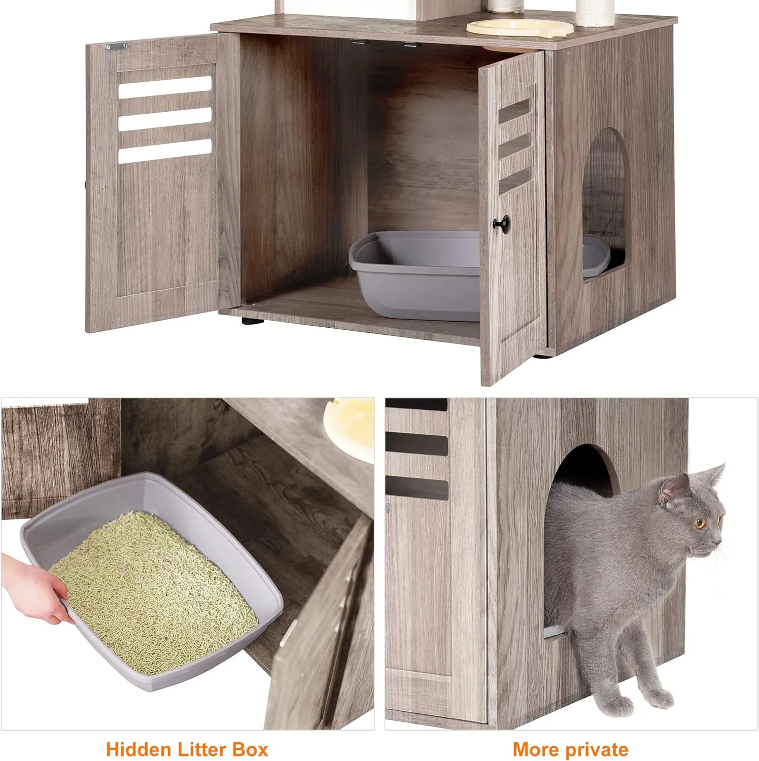 Heybly Cat Tree, Wood Litter Box Enclosure with Food Station, All-in-one Indoor Cat Furniture with Large Platform and Condo, Modern Style Cat Tower, Hammock, Rustic Gray HCT100SG