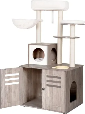 Heybly Cat Tree, Wood Litter Box Enclosure with Food Station, All-in-one Indoor Cat Furniture with Large Platform and Condo, Modern Style Cat Tower, Hammock, Rustic Gray HCT100SG