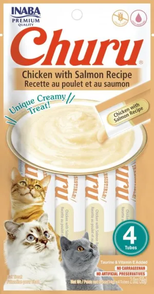 Inaba Churu Chicken and Salmon Lickable and Squeezable Puree Cat Treat Pouches - 2 Oz (4 Pack) - Case of 6