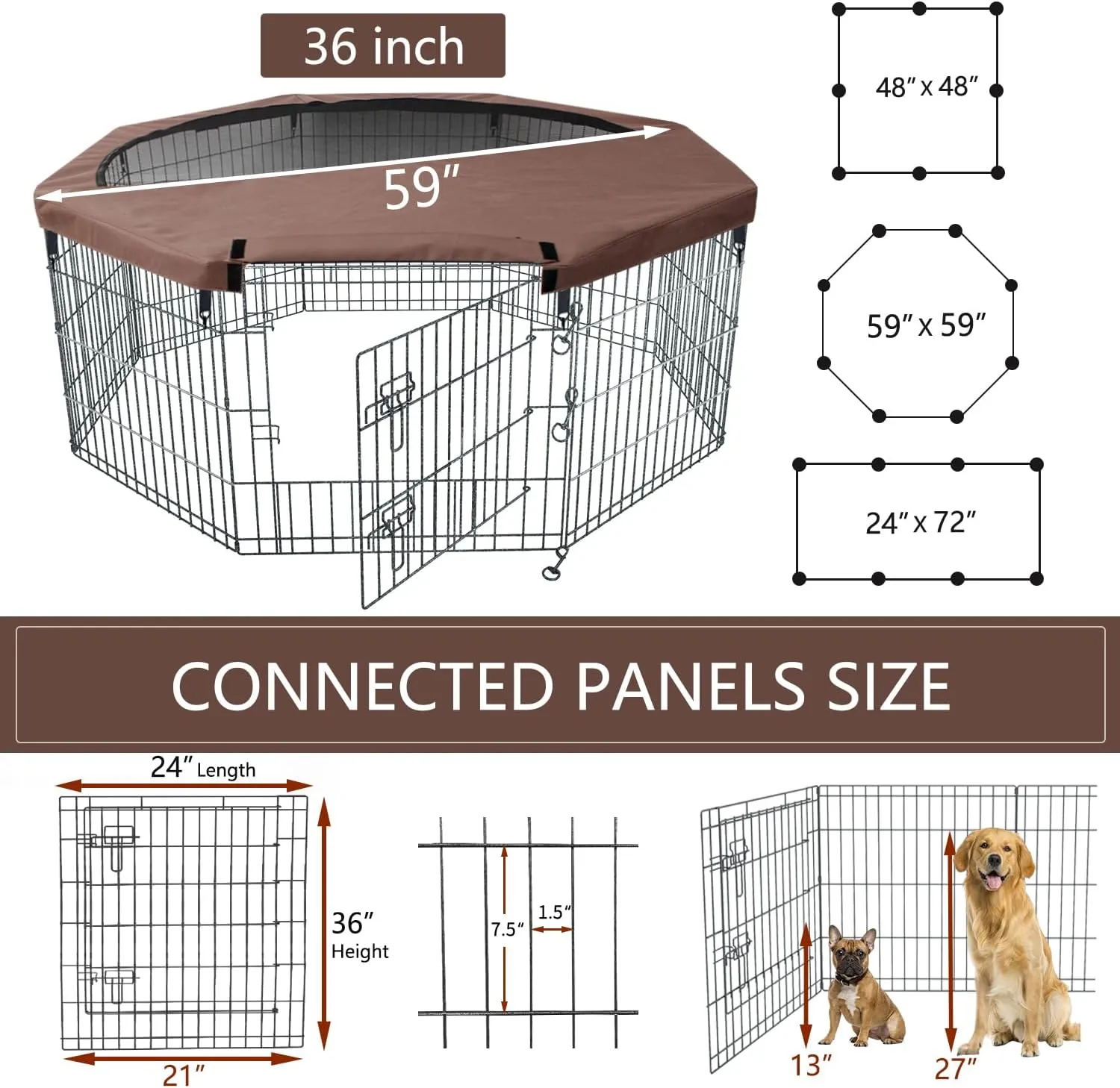 NEZUC Foldable Metal Dog Exercise Playpen Gate Fence Dog Crate 8 Panels 36 Inch Height Puppy Kennels with Top Cover for Animals Outdoor Indoor (with top Cover, 8 Panels 36" H)
