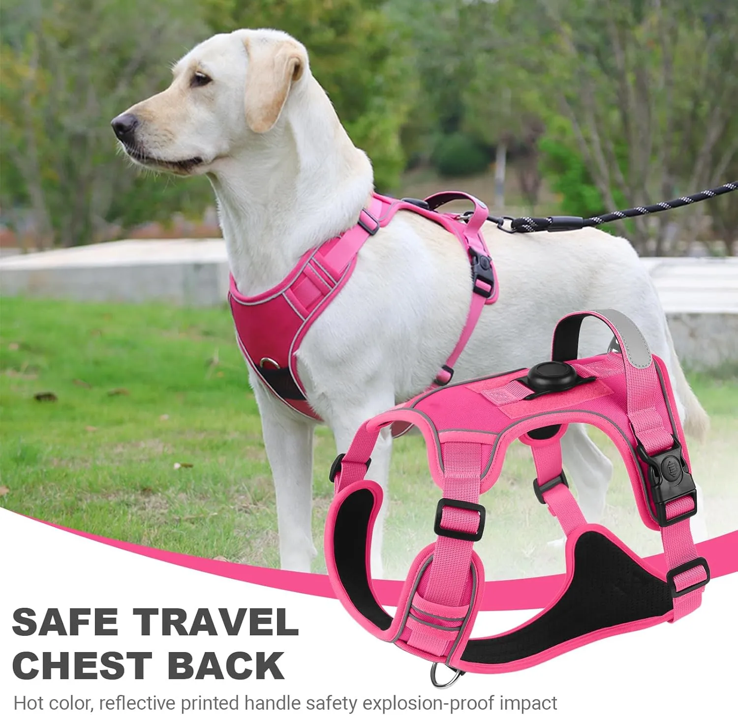 No-Pull Dog Harness with 2 Leash Clips - Adjustable Padded Reflective Oxford Vest for Large Dogs, Rose Red, XL