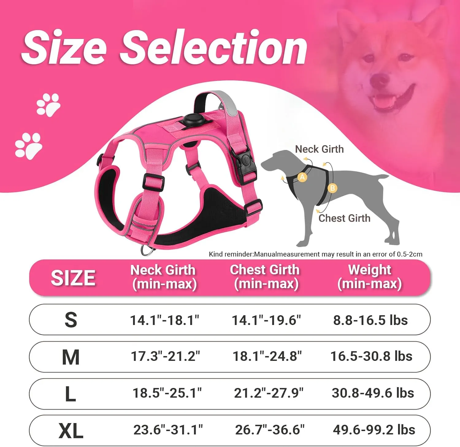 No-Pull Dog Harness with 2 Leash Clips - Adjustable Padded Reflective Oxford Vest for Large Dogs, Rose Red, XL