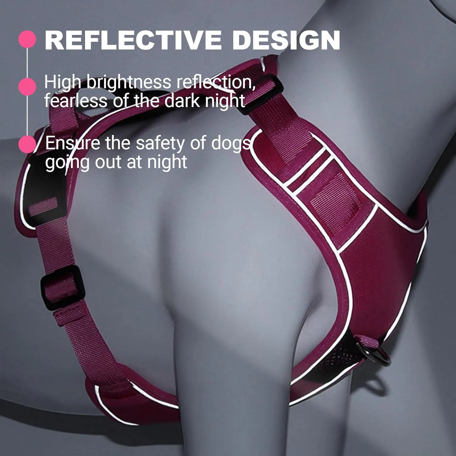 No-Pull Dog Harness with 2 Leash Clips - Adjustable Padded Reflective Oxford Vest for Large Dogs, Rose Red, XL