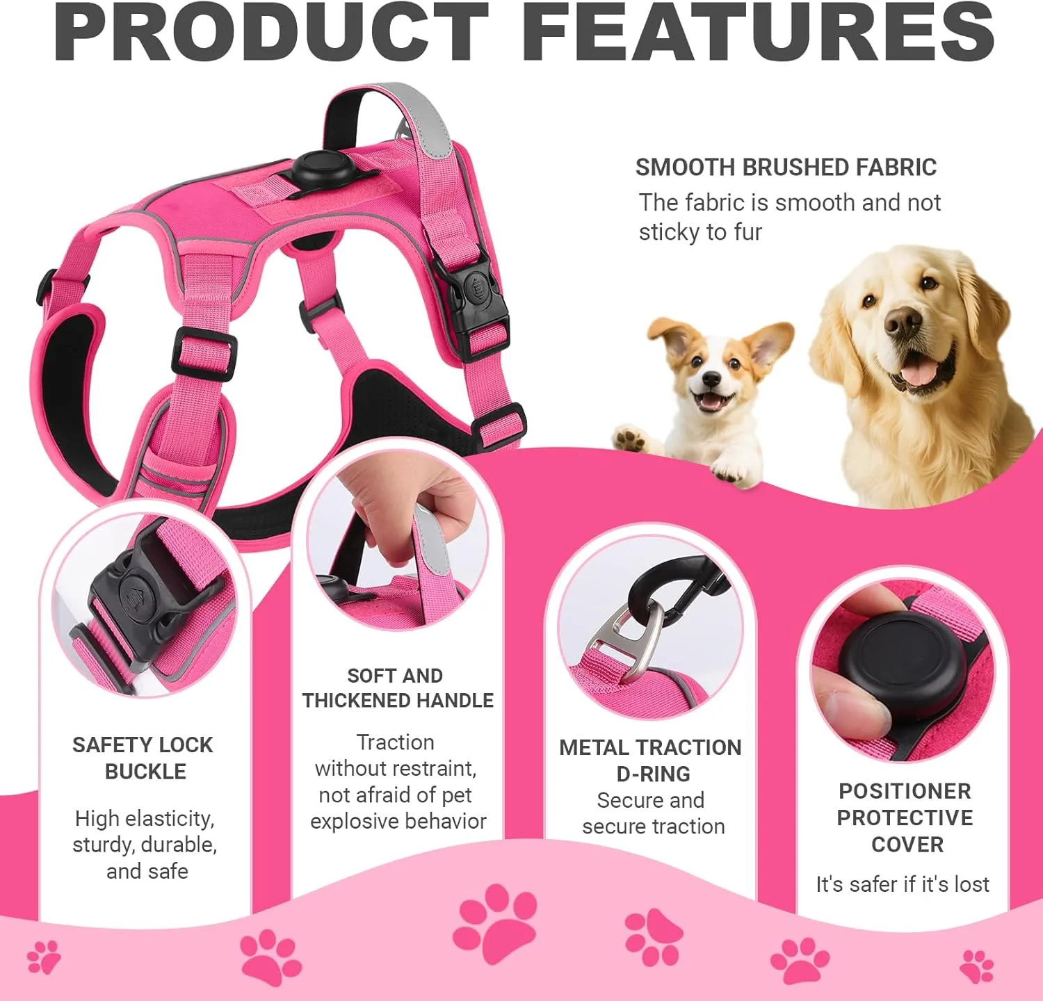 No-Pull Dog Harness with 2 Leash Clips - Adjustable Padded Reflective Oxford Vest for Large Dogs, Rose Red, XL