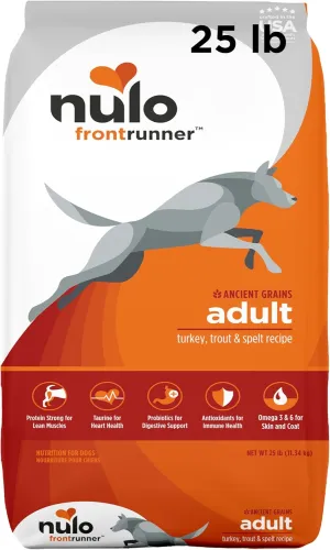 Nulo Frontrunner Turkey, Trout & Spelt Adult Dry Kibble Dog Food with Ancient Grains, 25 Pound Bag