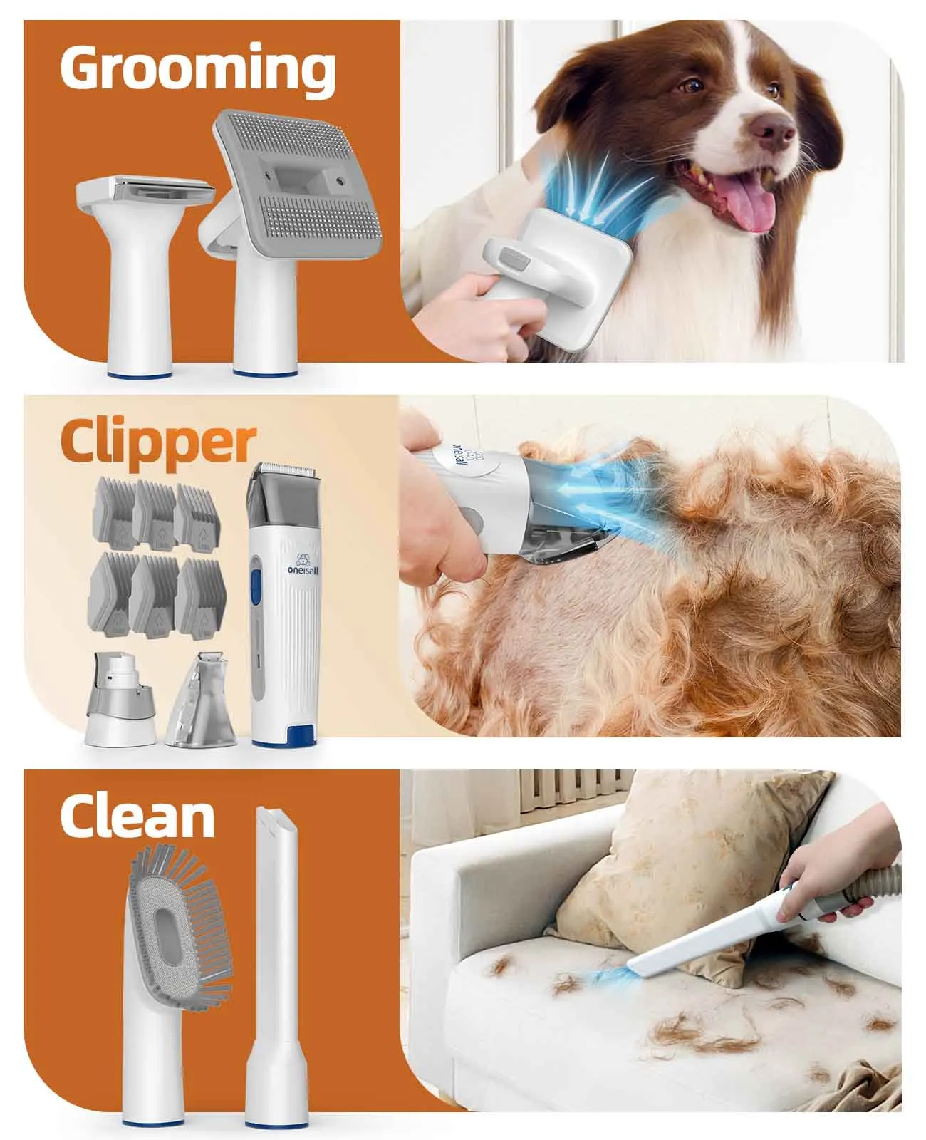 Oneisall LM2 7-in-1 Pet Grooming Vacuum Kit Purple, Grey, Blue