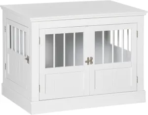 PawHut Dog Crate End Table with Triple Doors, Wooden Dog Crate Furniture Indoor Use, Puppy Crate for Small Dogs, White