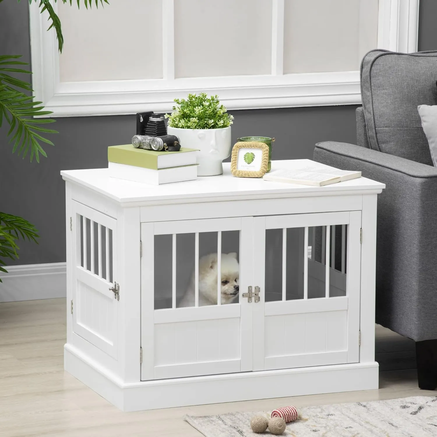 PawHut Dog Crate End Table with Triple Doors, Wooden Dog Crate Furniture Indoor Use, Puppy Crate for Small Dogs, White
