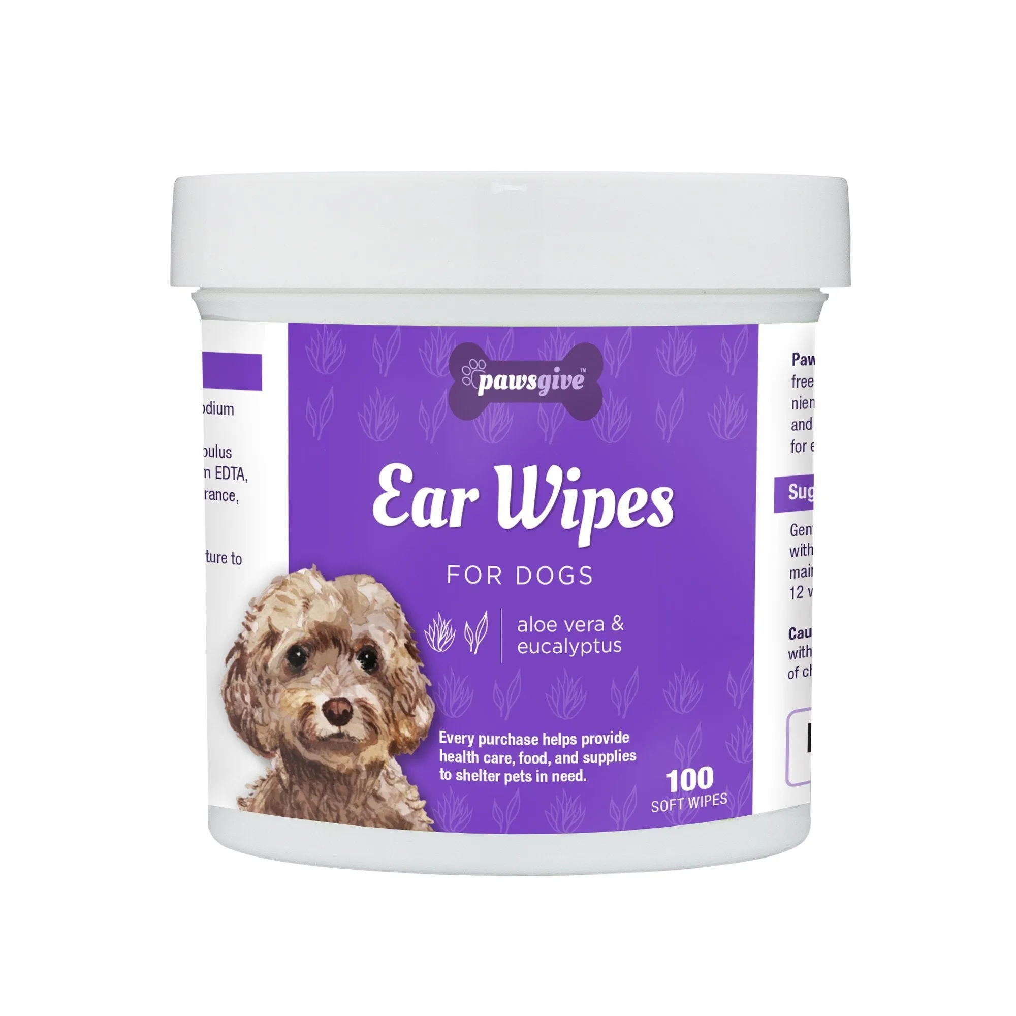 PawsGive Ear Cleaning Wipes for Dogs with Aloe & Eucalyptus - 100 ct