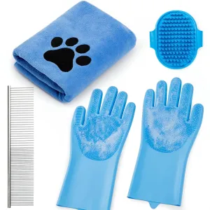 Pet Shower & Bath SuppliesDog Shampoo Brush Set with Towel, Washing Gloves,Comb for Dogs and Cats (Blue)