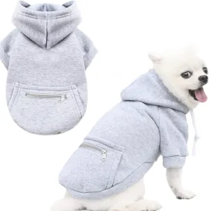 PETCARE Grey Winter Dog Sweater - Soft Fleece Hooded Sweatshirt with Pocket - Small Dog Clothes for Chihuahua, Yorkies, French Bulldog - Cold Weather Coats