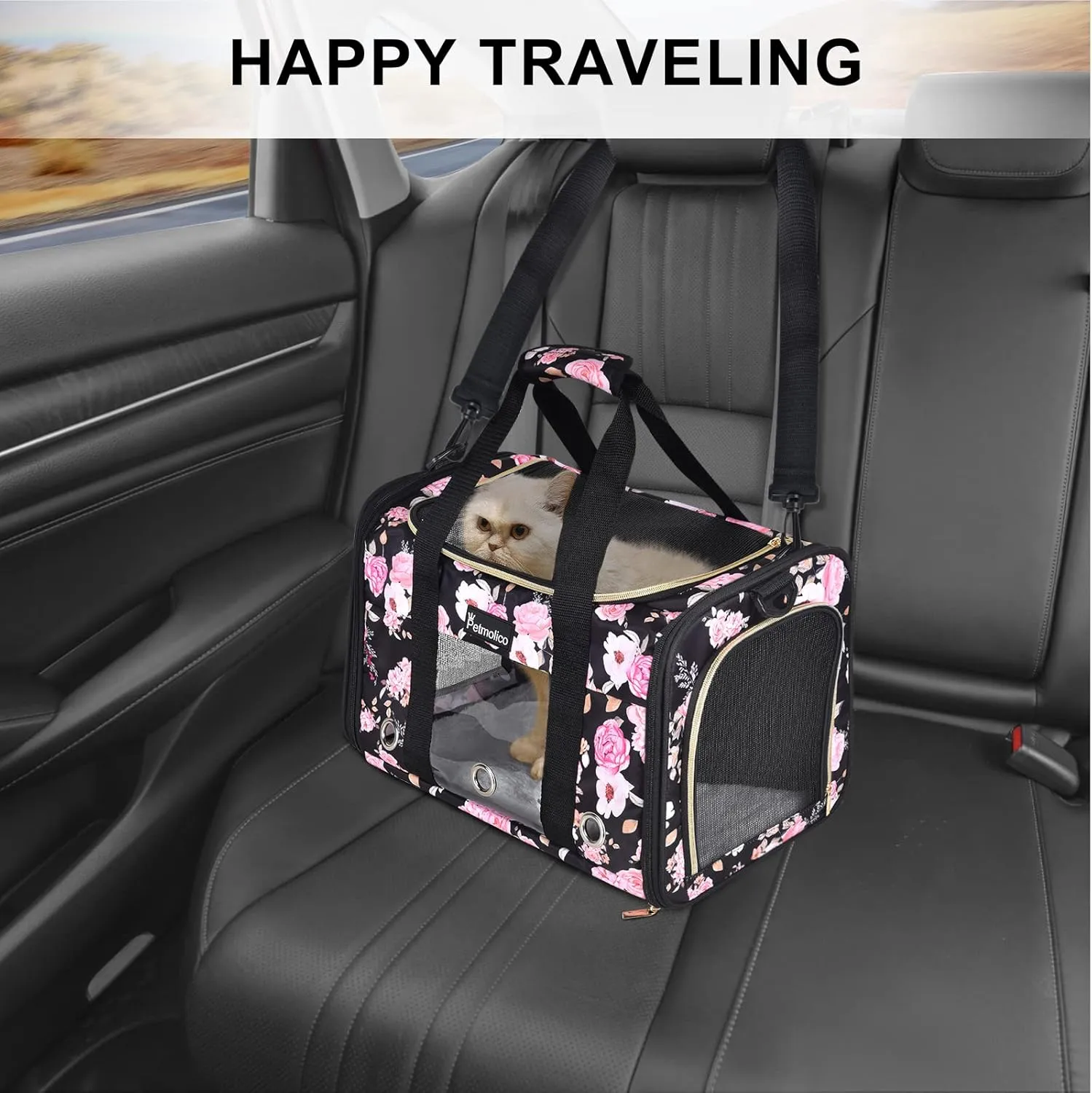 Petmolico Cat Carrier Soft-Sided Pet Bag for Small Medium Cats Puppies 16LBs - Airline Approved Cat Travel Carrier 3 Open Doors (Large,Pink Peony)