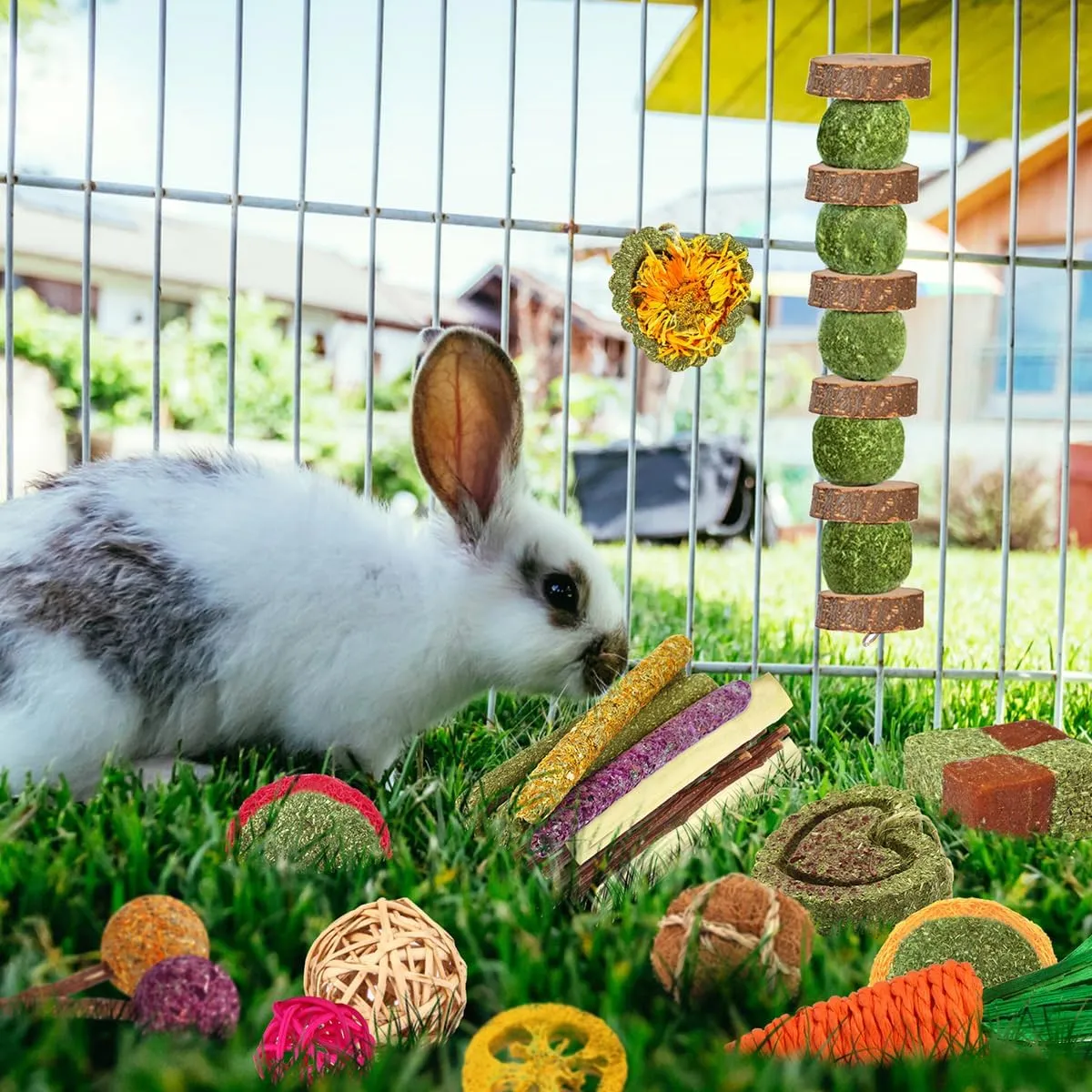 Rabbit & Guinea Pig Toys - Natural Timothy Hay & Apple Wood Sticks for Teeth Care - Handmade for Hamster, Bunny, Chinchilla (27 Pcs)
