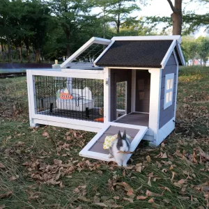 Rabbit Hutch Indoor Outdoor Rabbit Cage Bunny Hutch with Casters, Urine Baffles Bottom Wire Floor Leakproof Tray Metal Feeder Openable Roof
