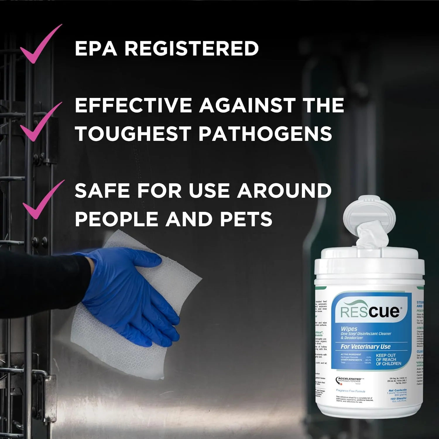 REScue One-Step Disinfectant Cleaner & Deodorizer Wipes for Vet Use  Cleaner for Kennels, Litter Boxes, Vet Offices, Pet Grooming Surfaces, Pet Items  Wipes Canister, 160-Count (Pack of 1)