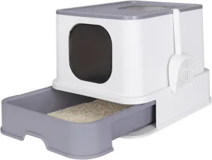 RIZZARI Millions Sold Wordwide Cat Litter Box, Large Top Entry Anti-Splashing Litter Box with Lid, Enclosed Plastic Cat Litter Box with Handy Litter Scoop, Drawer Type Cat Toilet (Pearl White)