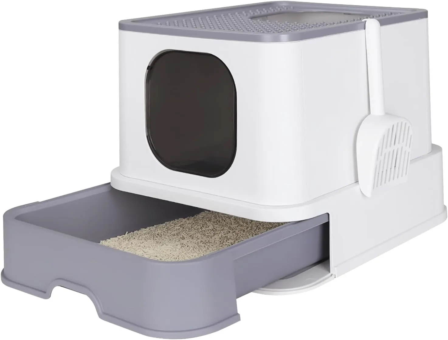 RIZZARI Millions Sold Wordwide Cat Litter Box, Large Top Entry Anti-Splashing Litter Box with Lid, Enclosed Plastic Cat Litter Box with Handy Litter Scoop, Drawer Type Cat Toilet (Pearl White)