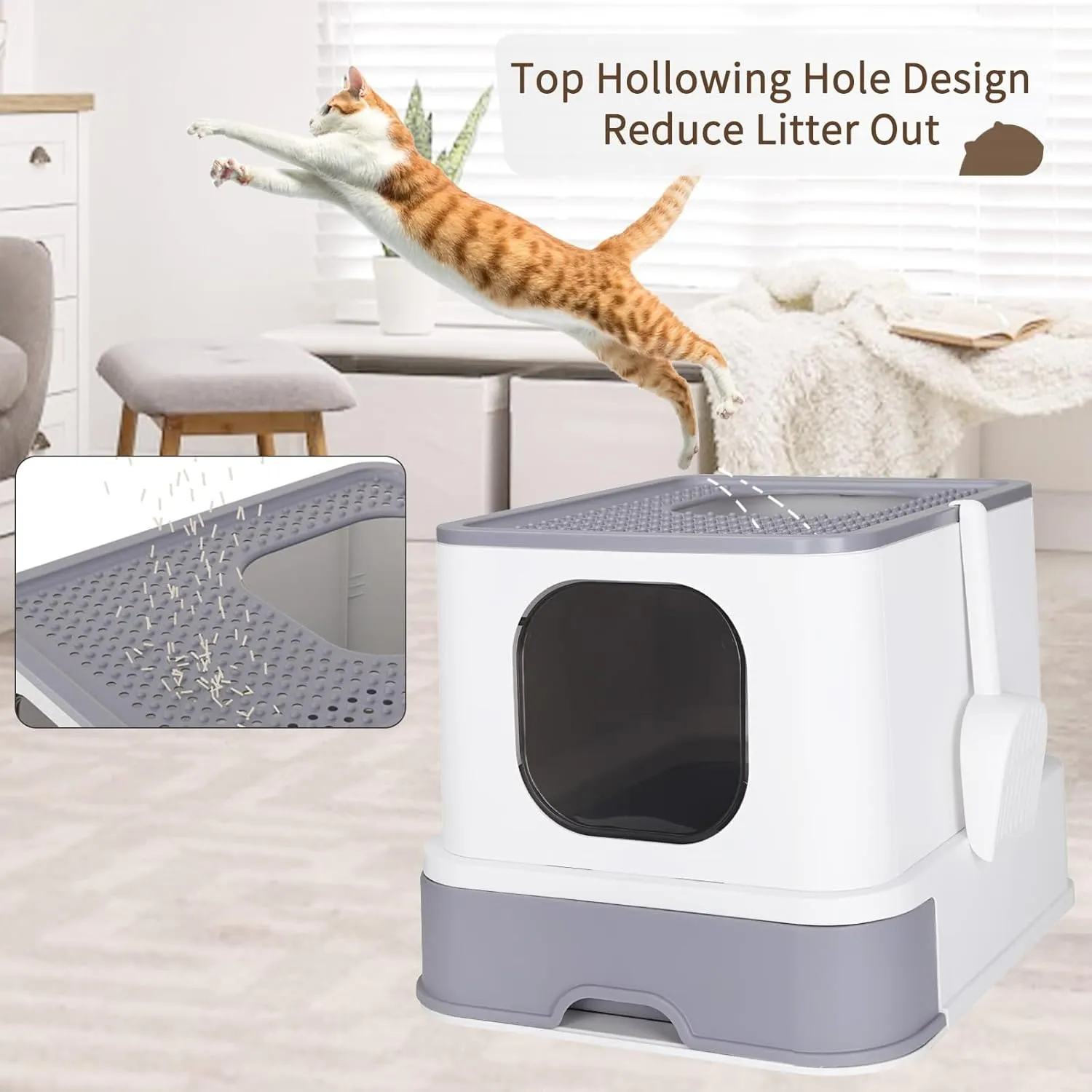 RIZZARI Millions Sold Wordwide Cat Litter Box, Large Top Entry Anti-Splashing Litter Box with Lid, Enclosed Plastic Cat Litter Box with Handy Litter Scoop, Drawer Type Cat Toilet (Pearl White)