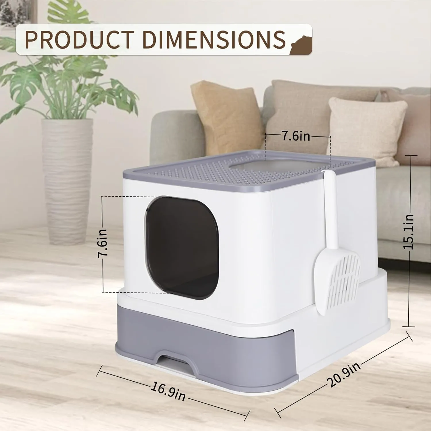 RIZZARI Millions Sold Wordwide Cat Litter Box, Large Top Entry Anti-Splashing Litter Box with Lid, Enclosed Plastic Cat Litter Box with Handy Litter Scoop, Drawer Type Cat Toilet (Pearl White)