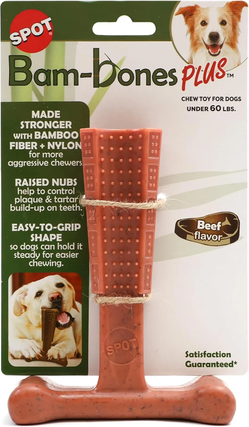 SPOT Bam-Bones Plus T-Bone, Bamboo Fiber & Nylon Dog Chew, Durable for Aggressive Chewers, Non-Splintering, for Adult Dogs & Teething Puppies Under 60lbs, 6in, Beef Flavor