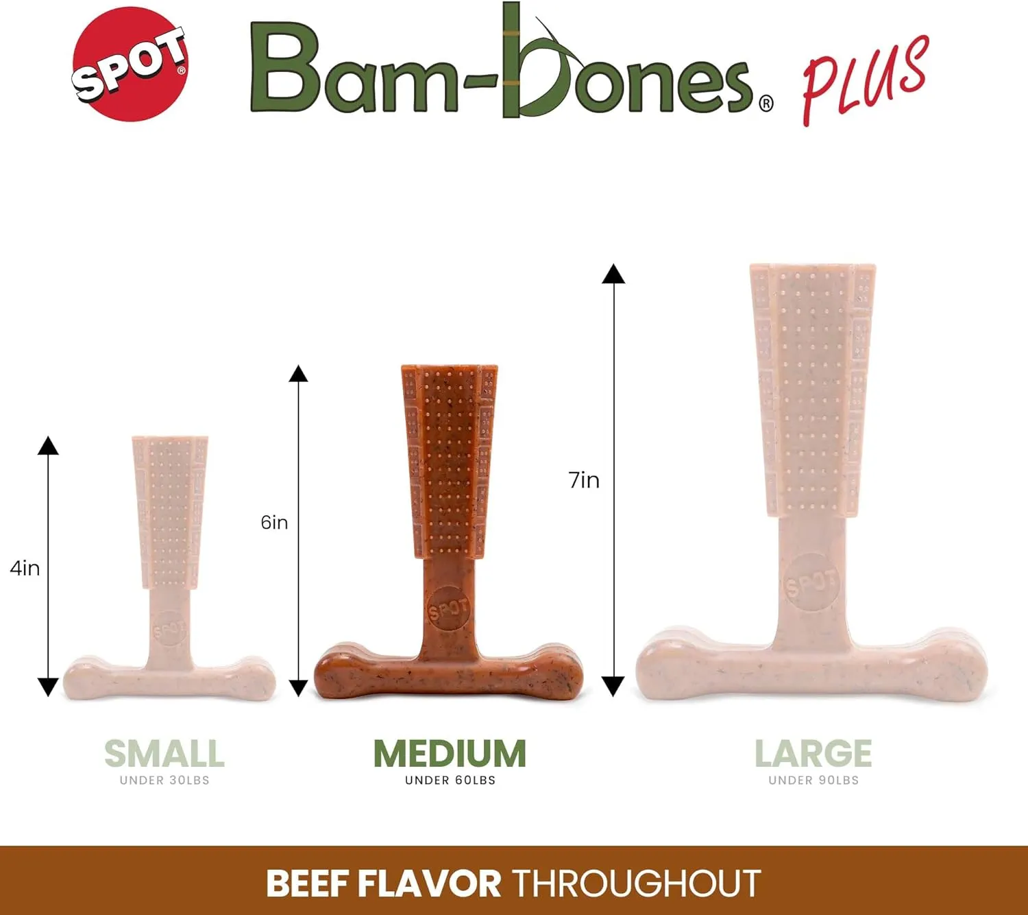 SPOT Bam-Bones Plus T-Bone, Bamboo Fiber & Nylon Dog Chew, Durable for Aggressive Chewers, Non-Splintering, for Adult Dogs & Teething Puppies Under 60lbs, 6in, Beef Flavor