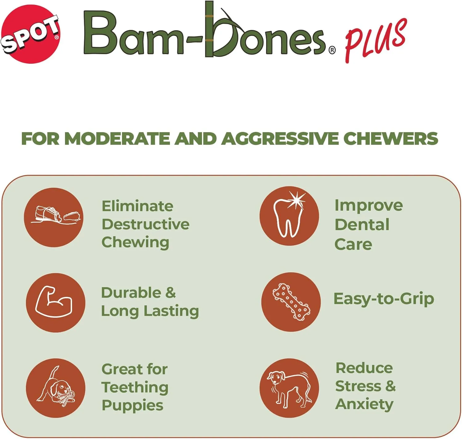 SPOT Bam-Bones Plus T-Bone, Bamboo Fiber & Nylon Dog Chew, Durable for Aggressive Chewers, Non-Splintering, for Adult Dogs & Teething Puppies Under 60lbs, 6in, Beef Flavor