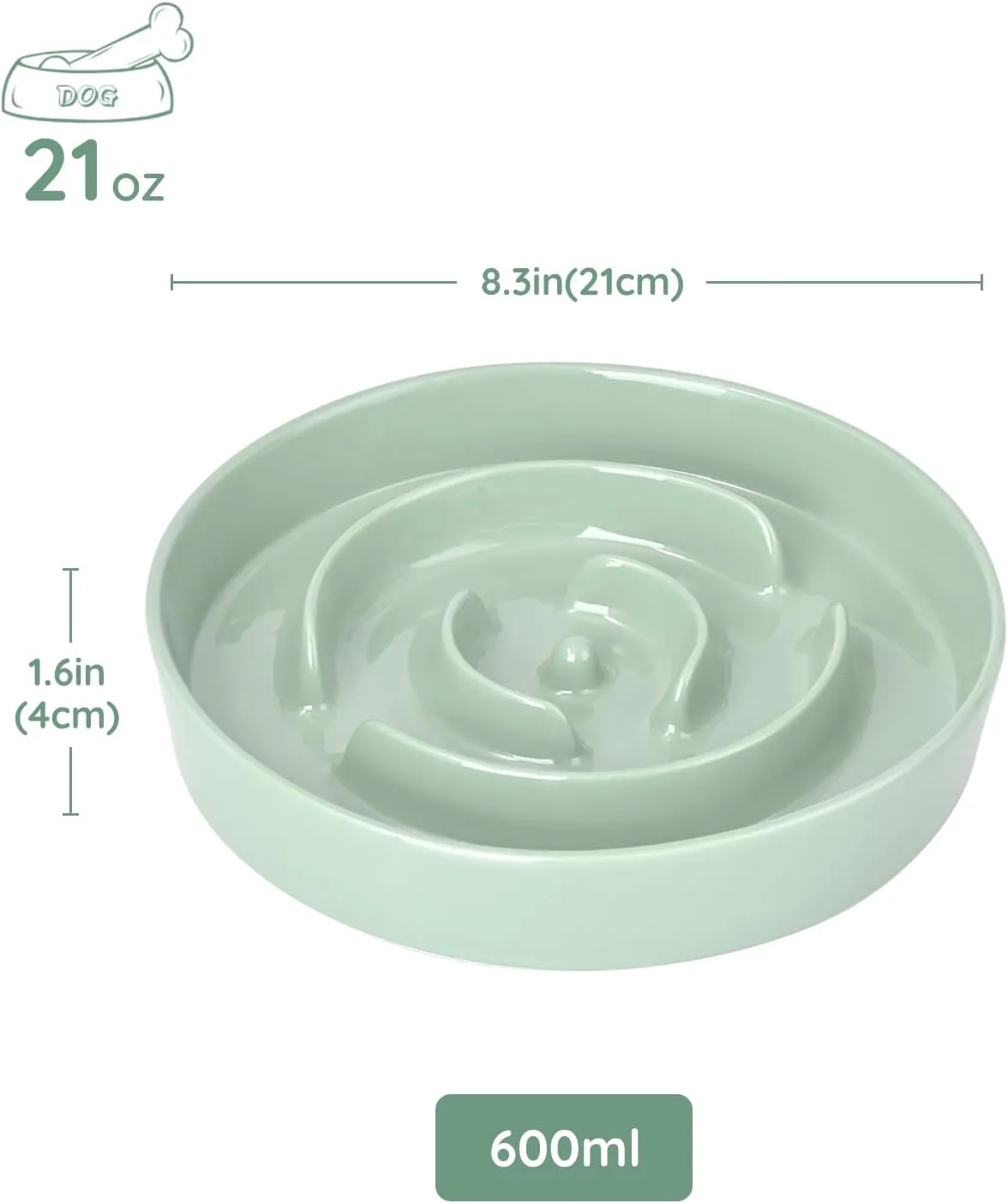SPUNKYJUNKY Slow Feeder Ceramic Dog Bowls for Medium Breed 2 Pack Slow Down Eating Anti-Choking Dishes Slow Feeding for Fun Pet Bowl(21OZ Bowl*2,Light Green)