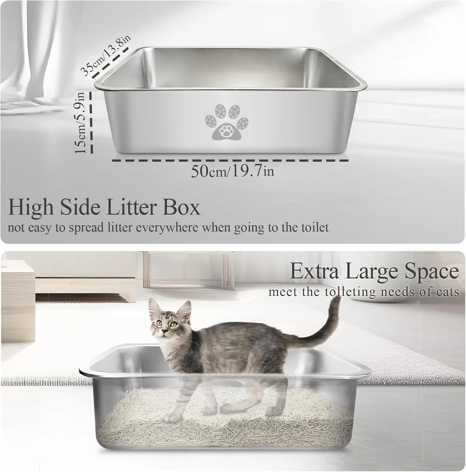Stainless Steel Cat Litter Box High Side Cats Toilet Metal Kitten Litter Pan, Pet Cleaning Tool for Big and Small Cats, Rabbits, Splash-Proof and Non-Stick Cat Poop Box odorless 19.7"x13.8"x5.9"