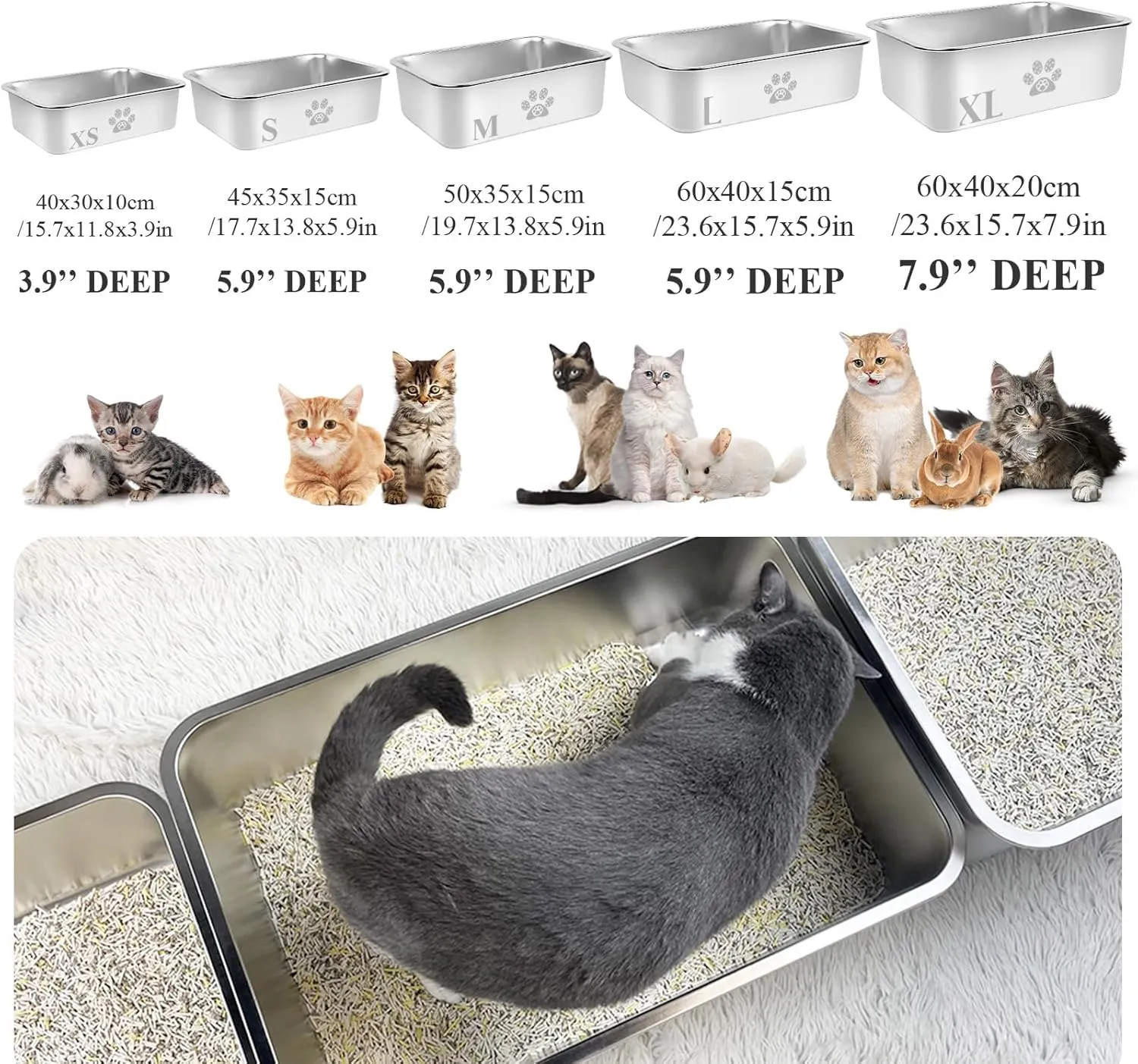 Stainless Steel Cat Litter Box High Side Cats Toilet Metal Kitten Litter Pan, Pet Cleaning Tool for Big and Small Cats, Rabbits, Splash-Proof and Non-Stick Cat Poop Box odorless 19.7"x13.8"x5.9"