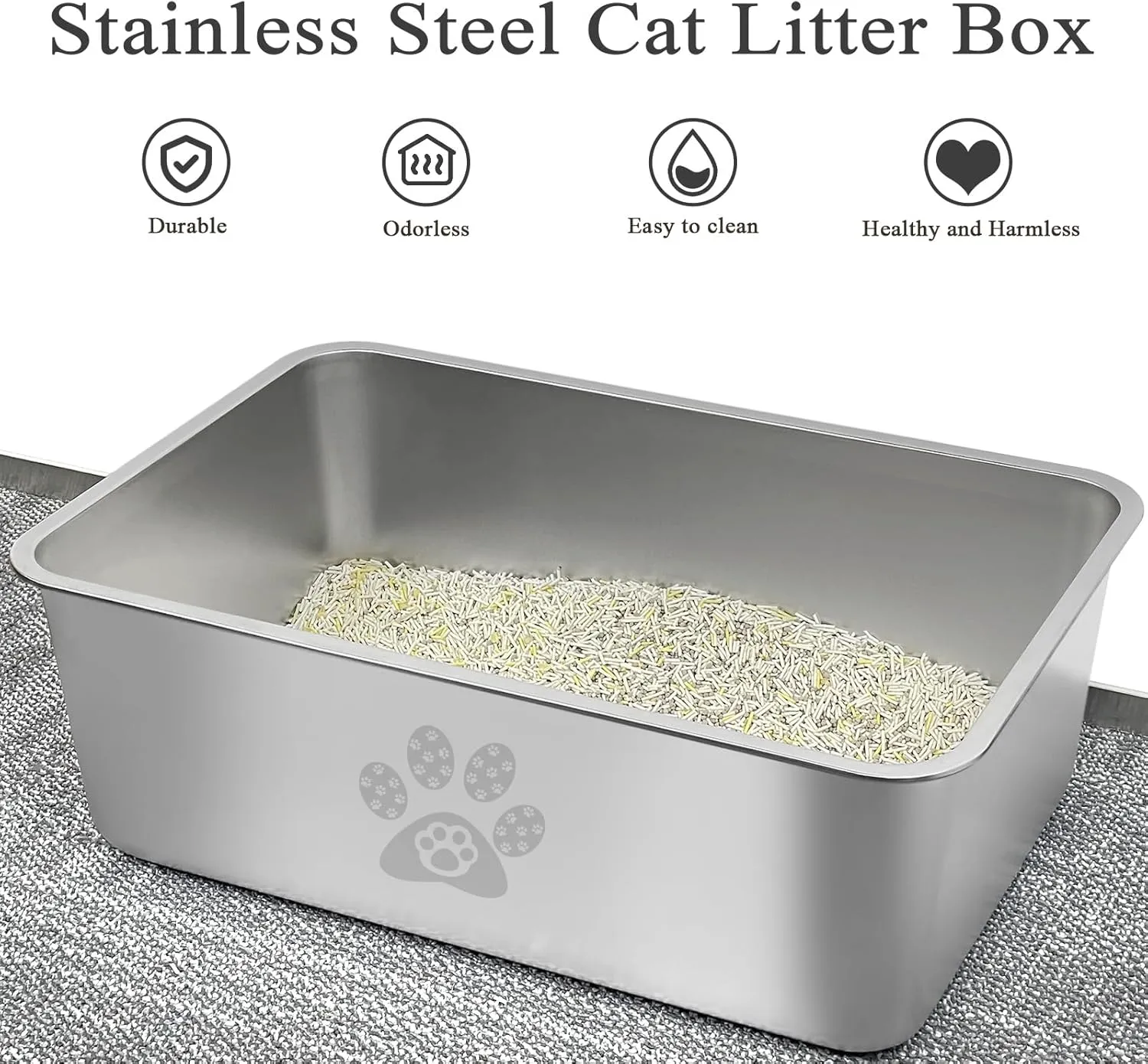 Stainless Steel Cat Litter Box High Side Cats Toilet Metal Kitten Litter Pan, Pet Cleaning Tool for Big and Small Cats, Rabbits, Splash-Proof and Non-Stick Cat Poop Box odorless 19.7"x13.8"x5.9"