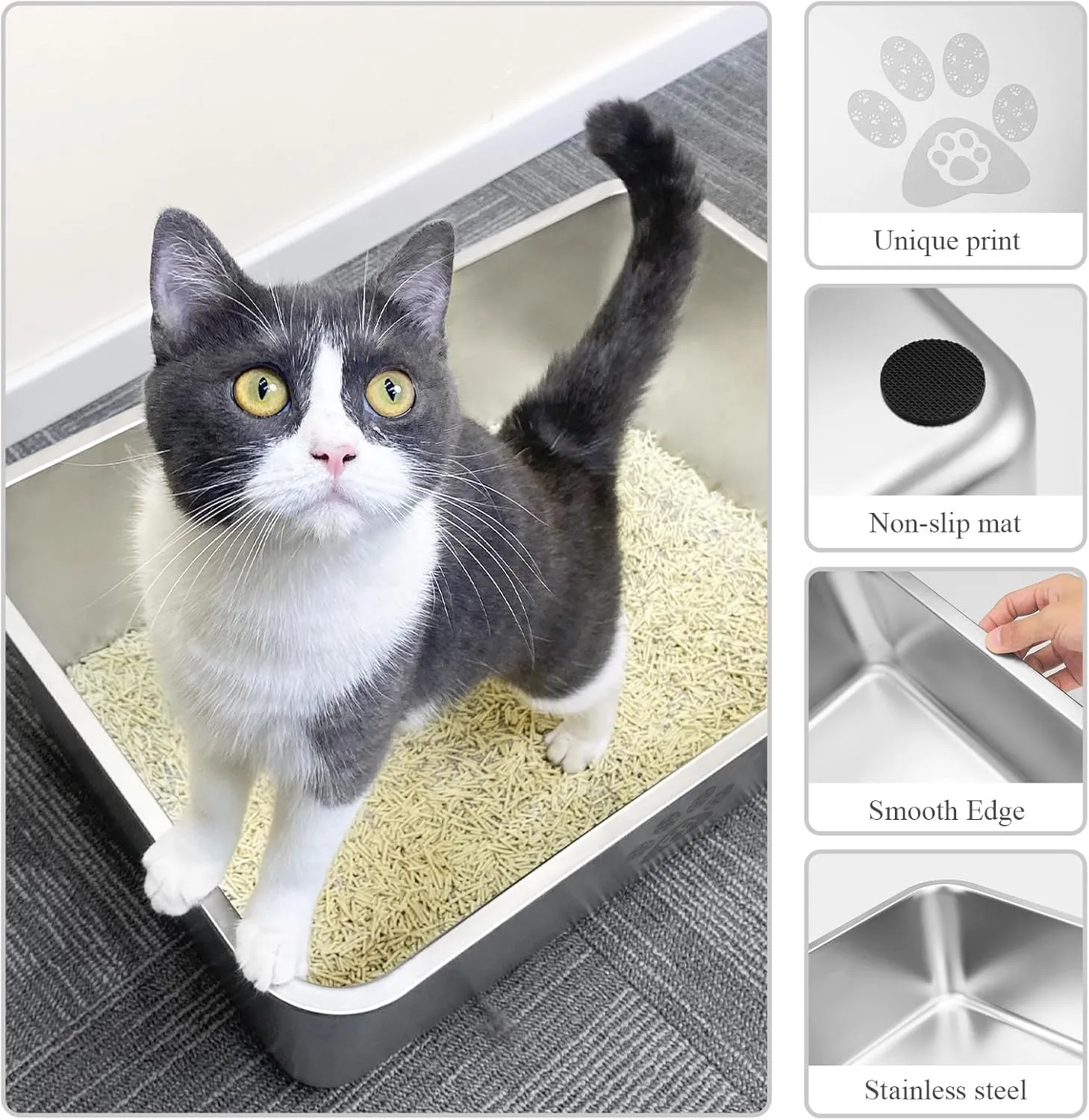 Stainless Steel Cat Litter Box High Side Cats Toilet Metal Kitten Litter Pan, Pet Cleaning Tool for Big and Small Cats, Rabbits, Splash-Proof and Non-Stick Cat Poop Box odorless 19.7"x13.8"x5.9"