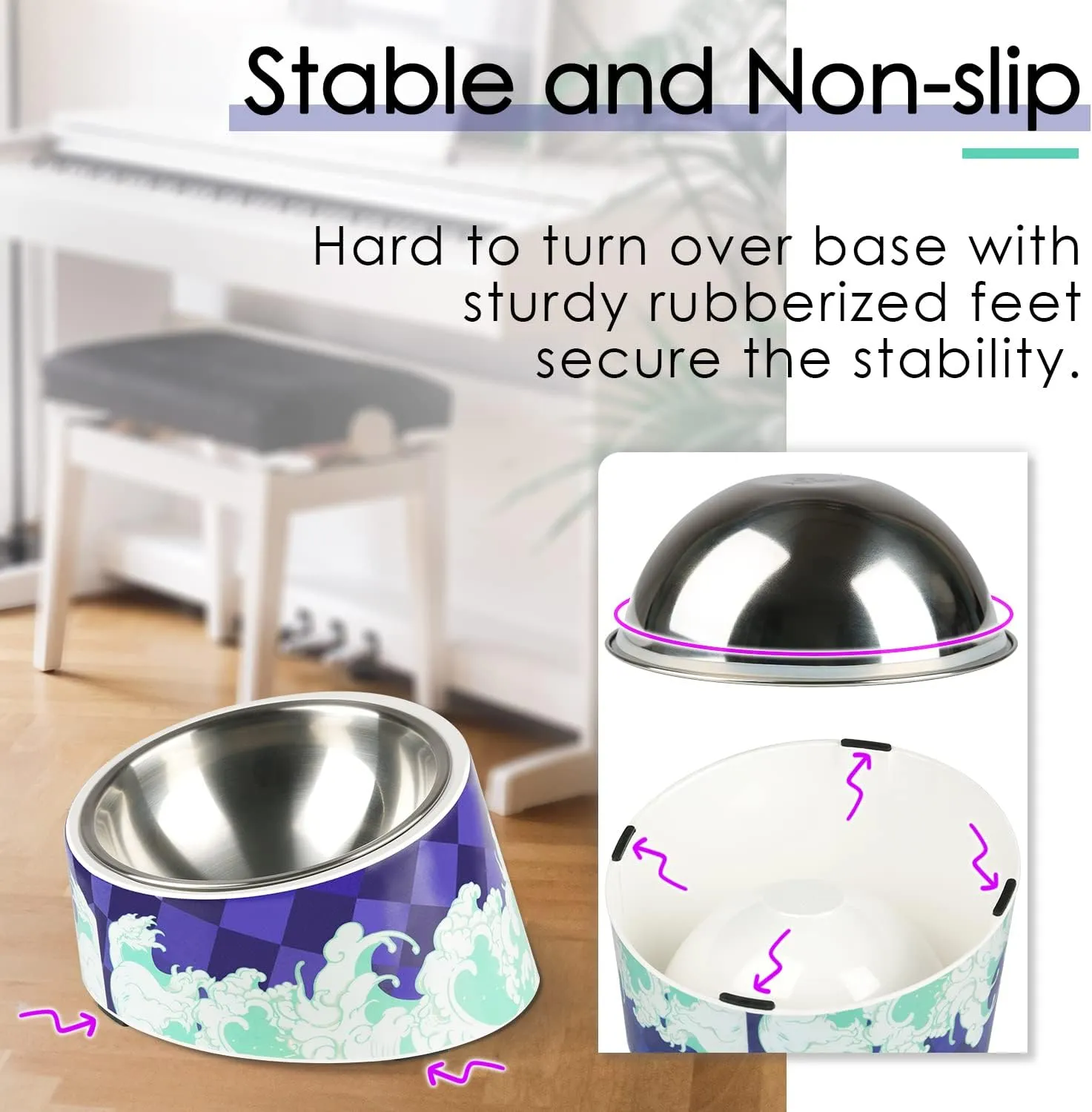 Super Design Mess Free 15 Slanted Bowl for Dogs and Cats, Tilted Angle Bulldog Bowl Pet Feeder, Non-Skid & Non-Spill, Easier to Reach Food