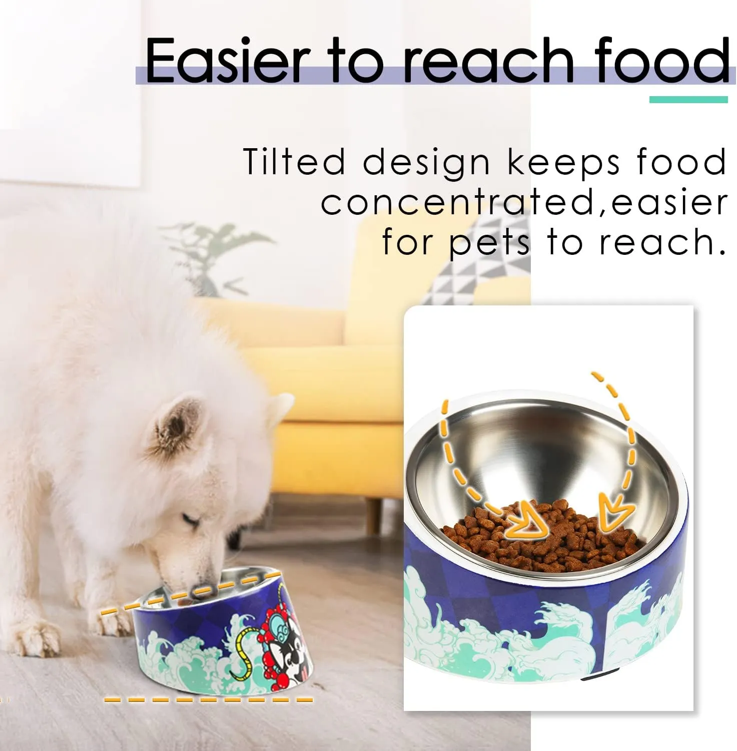 Super Design Mess Free 15 Slanted Bowl for Dogs and Cats, Tilted Angle Bulldog Bowl Pet Feeder, Non-Skid & Non-Spill, Easier to Reach Food