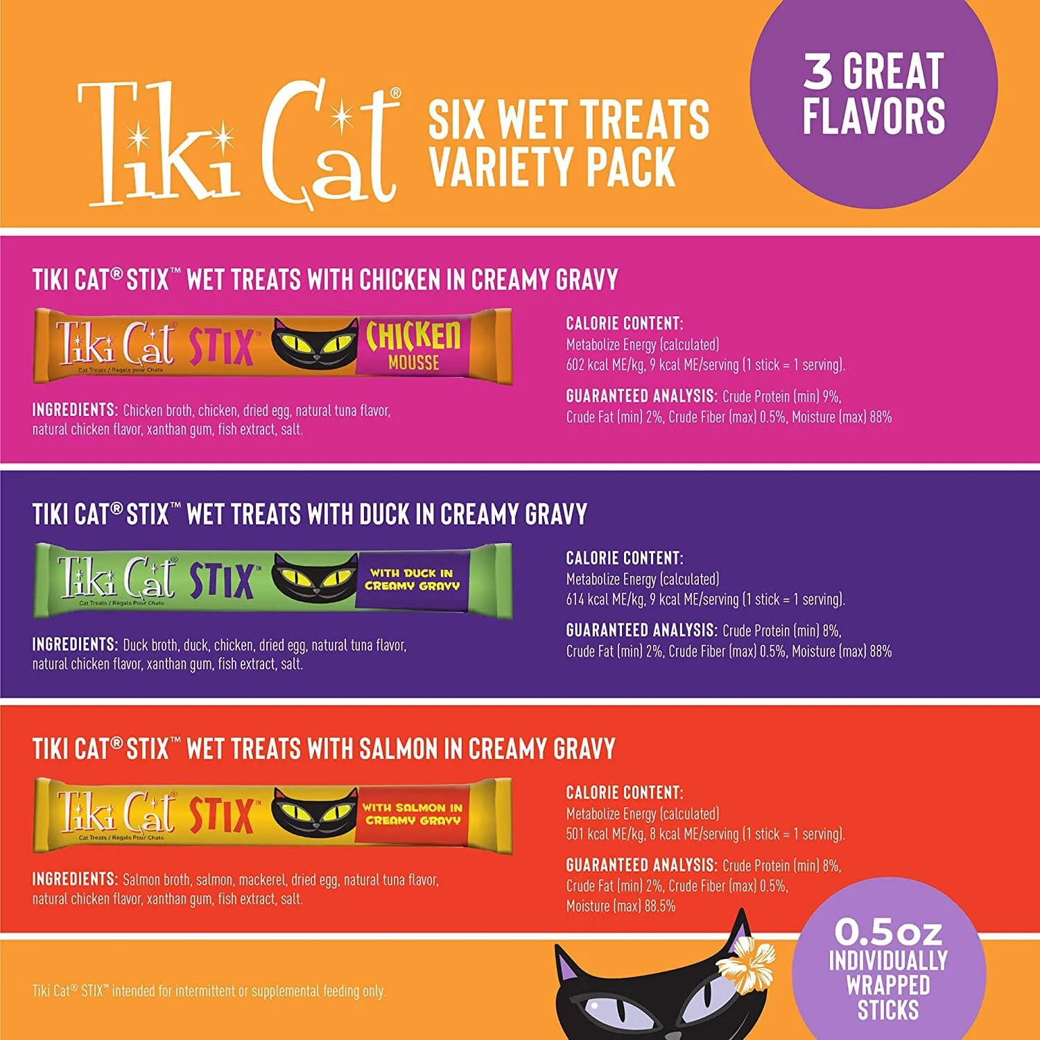 Tiki Cat Variety Pack of Chicken, Duck and Salmon STIX™ Cat Treats - (6 Tubes per Bag) - 3 Oz Bags - Pack of 12