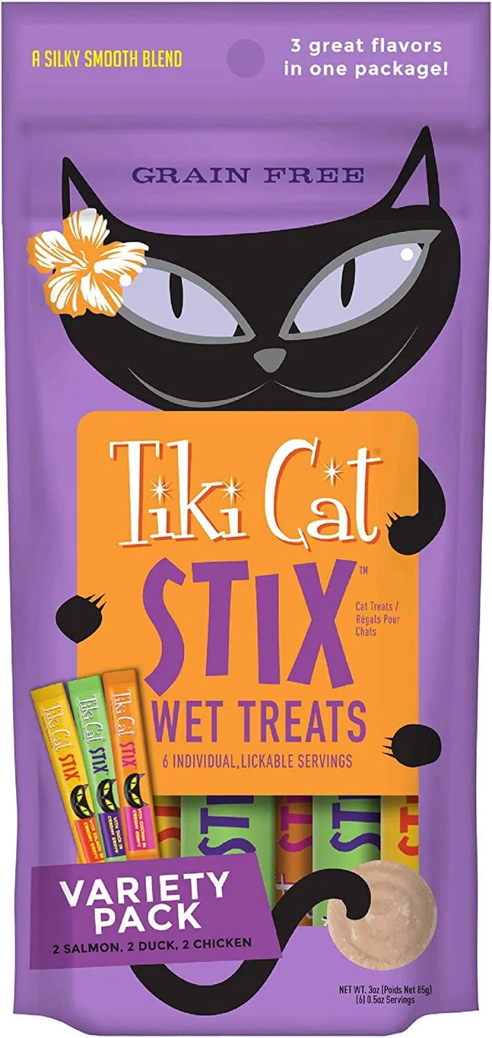 Tiki Cat Variety Pack of Chicken, Duck and Salmon STIX™ Cat Treats - (6 Tubes per Bag) - 3 Oz Bags - Pack of 12