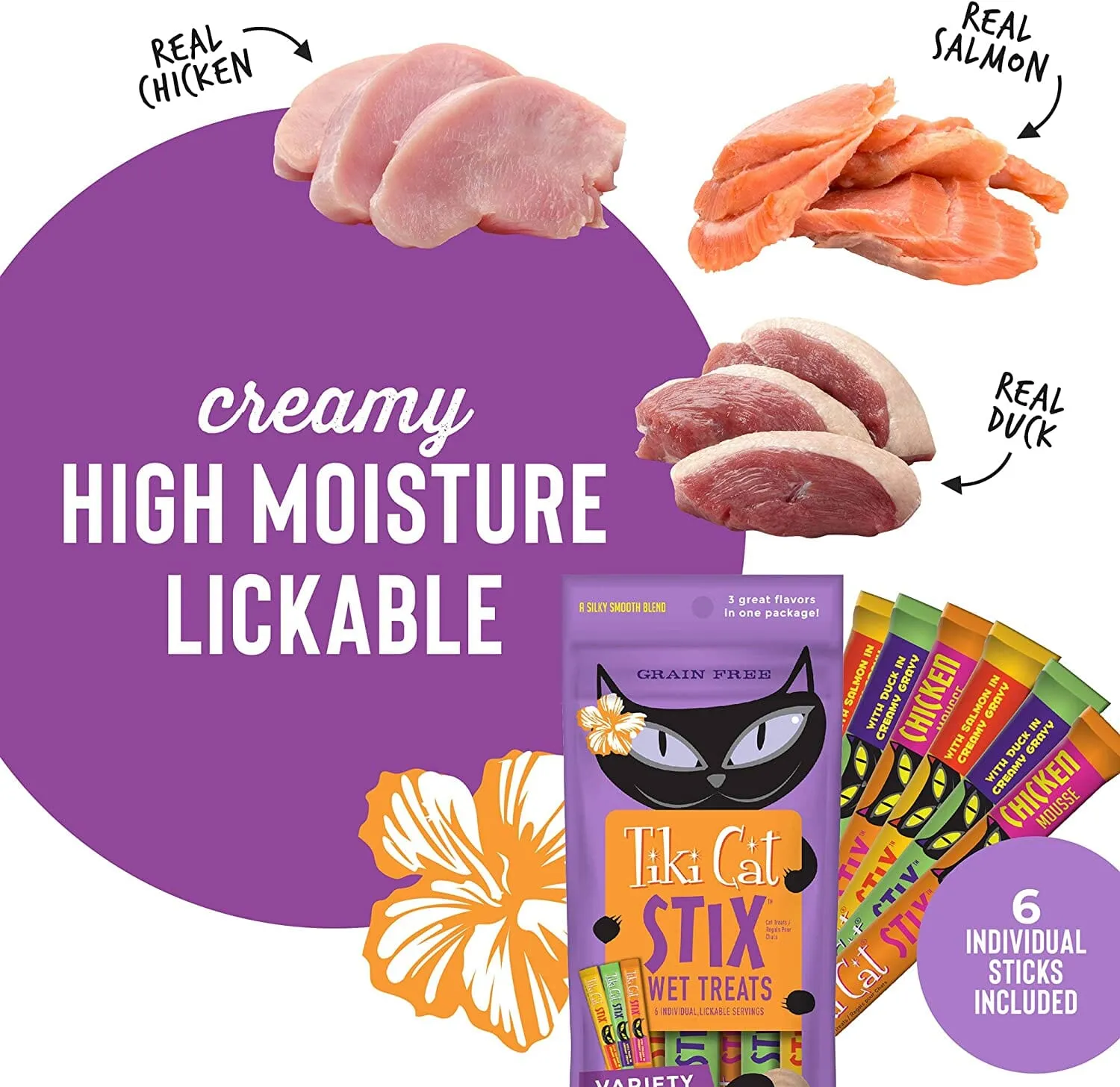 Tiki Cat Variety Pack of Chicken, Duck and Salmon STIX™ Cat Treats - (6 Tubes per Bag) - 3 Oz Bags - Pack of 12