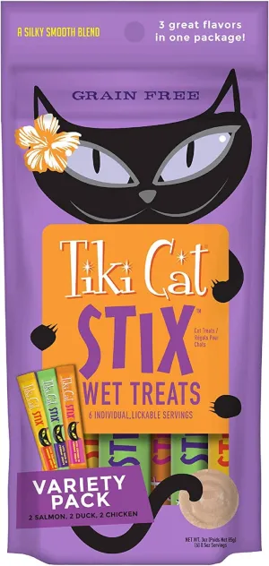 Tiki Cat Variety Pack of Chicken, Duck and Salmon STIX™ Cat Treats - (6 Tubes per Bag) - 3 Oz Bags - Pack of 12