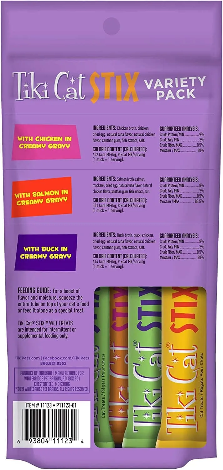 Tiki Cat Variety Pack of Chicken, Duck and Salmon STIX™ Cat Treats - (6 Tubes per Bag) - 3 Oz Bags - Pack of 12