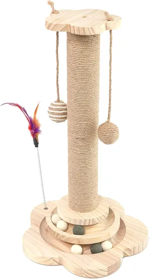 Upgrade Version Petal Shaped Cat Tree Toy,Solid Wood with Catnip Ball,Teaser Stick,Teaser Ball,Cat Scratching Post(Tall)