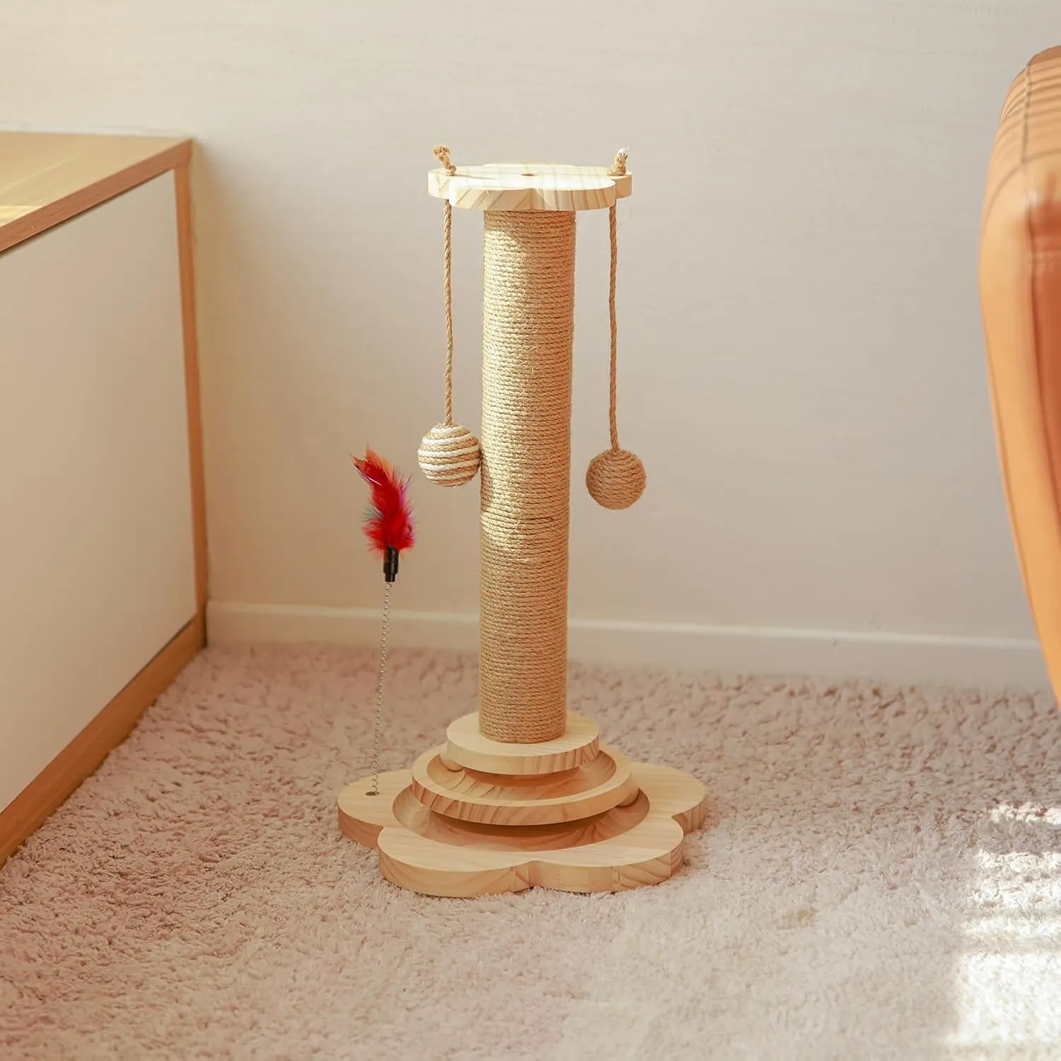 Upgrade Version Petal Shaped Cat Tree Toy,Solid Wood with Catnip Ball,Teaser Stick,Teaser Ball,Cat Scratching Post(Tall)